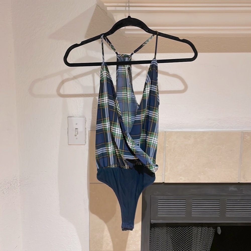 Blue & Green plaid bodysuit from Blue Blush